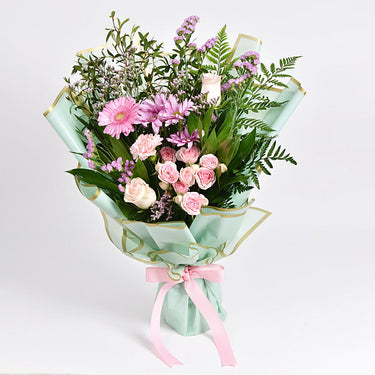 Pastel Pink and Greens, Elegance, Gerbera, Rose, Spray Rose, Limonium, Chrysanthemum, Statice, Leather Fern, Eucalyptus, Song Of Jamaica, Bouquet